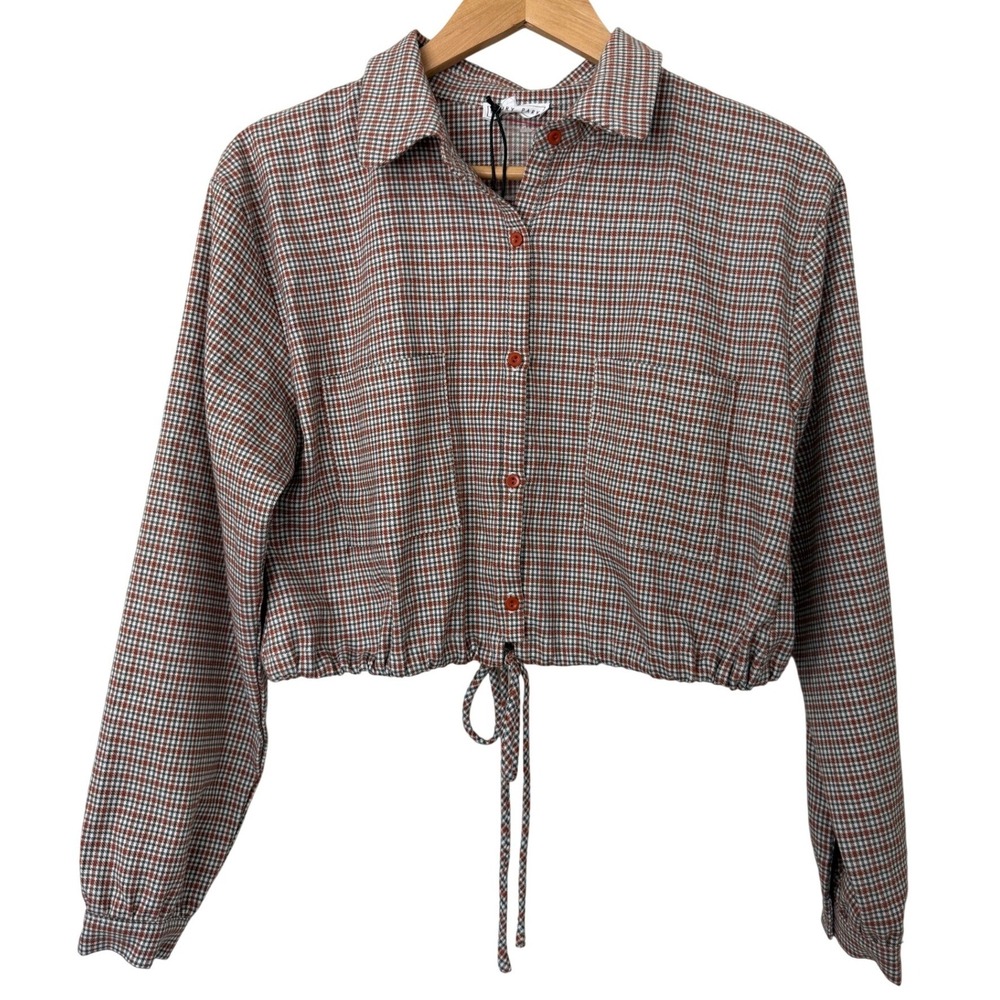 Emory Park Womens Brown Orange‎ Plaid Cropped Button Down Tie Front Shirt Small